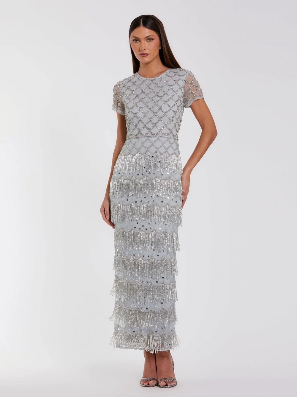 Mac Duggal 94077 Blue Cap Sleeve Embellished Fringe Maxi Dress Size 12 NWT